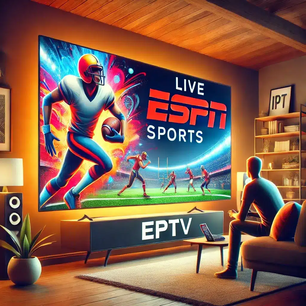 A cozy living room with a modern IPTV ESPN, streaming an ESPN sports match on a smart TV. The screen displays a dynamic sports scene with the ESPN logo visible, creating a tech-savvy and relaxed environment.